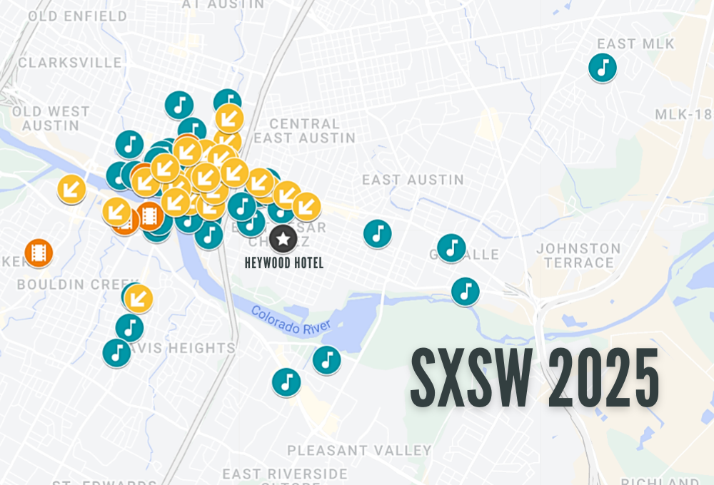 SXSW map for 2025 events and venues, conveniently located near the Heywood Hotel.