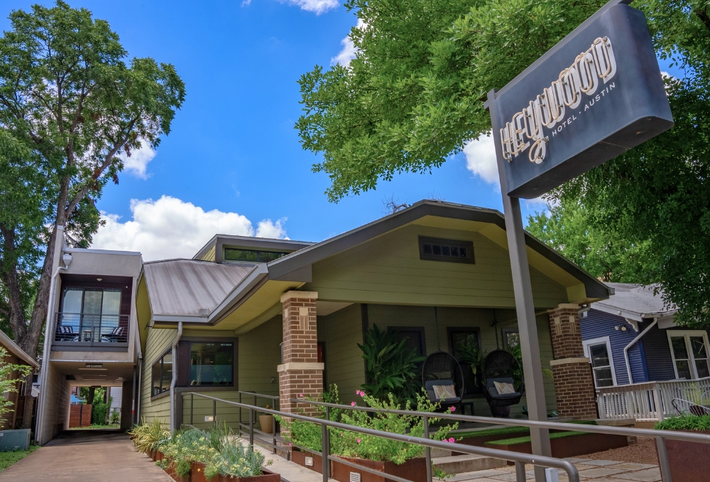 Exterior photo of the seven-room Heywood Hotel centrally located in East Austin